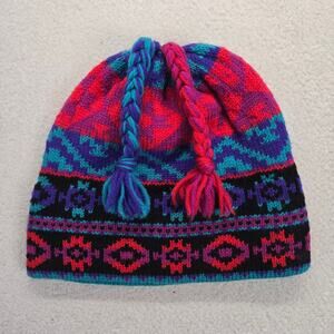 Vintage Tyrolia Wool Hat Winter Knit Beanie One Size Snow Geometric Made in USA